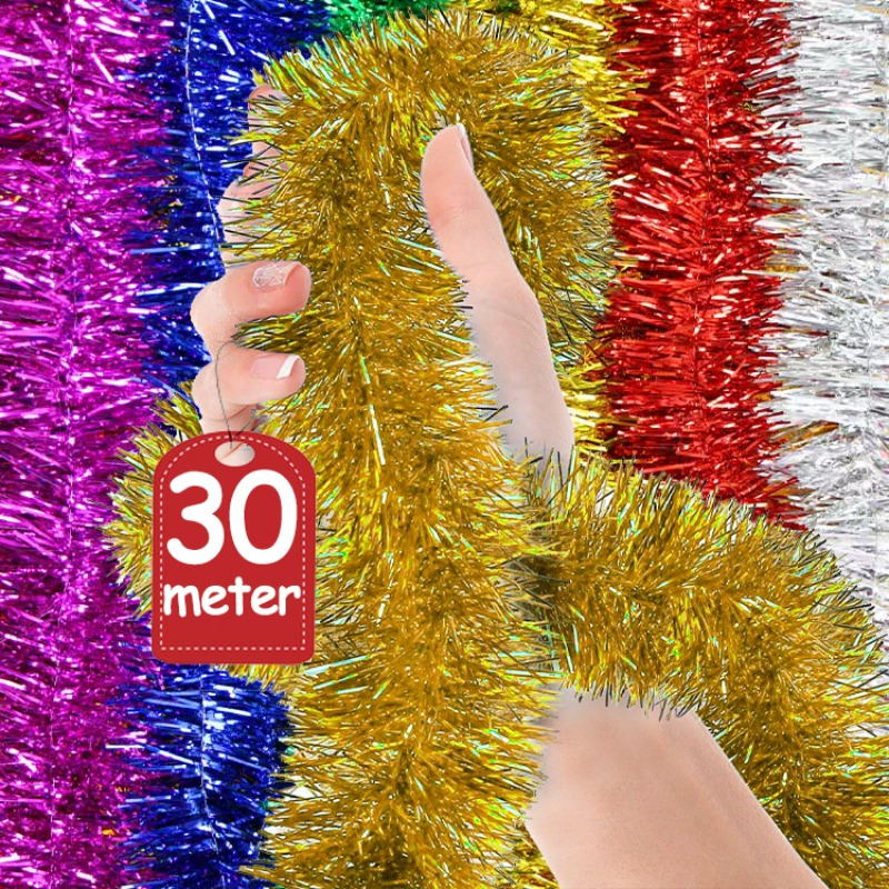 Tinsel Garland Decoration - 1.5/30M Long Bold Thicked Stripes Christmas